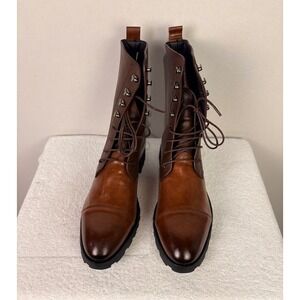 Mens Brown Leather Lace Up High Top Boots Cap Toe Lug Sole